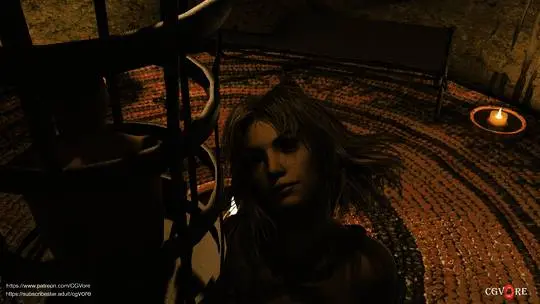 CGVore 3D render of a slim blonde woman in dark clothing lying on a patterned rug in a dimly lit room