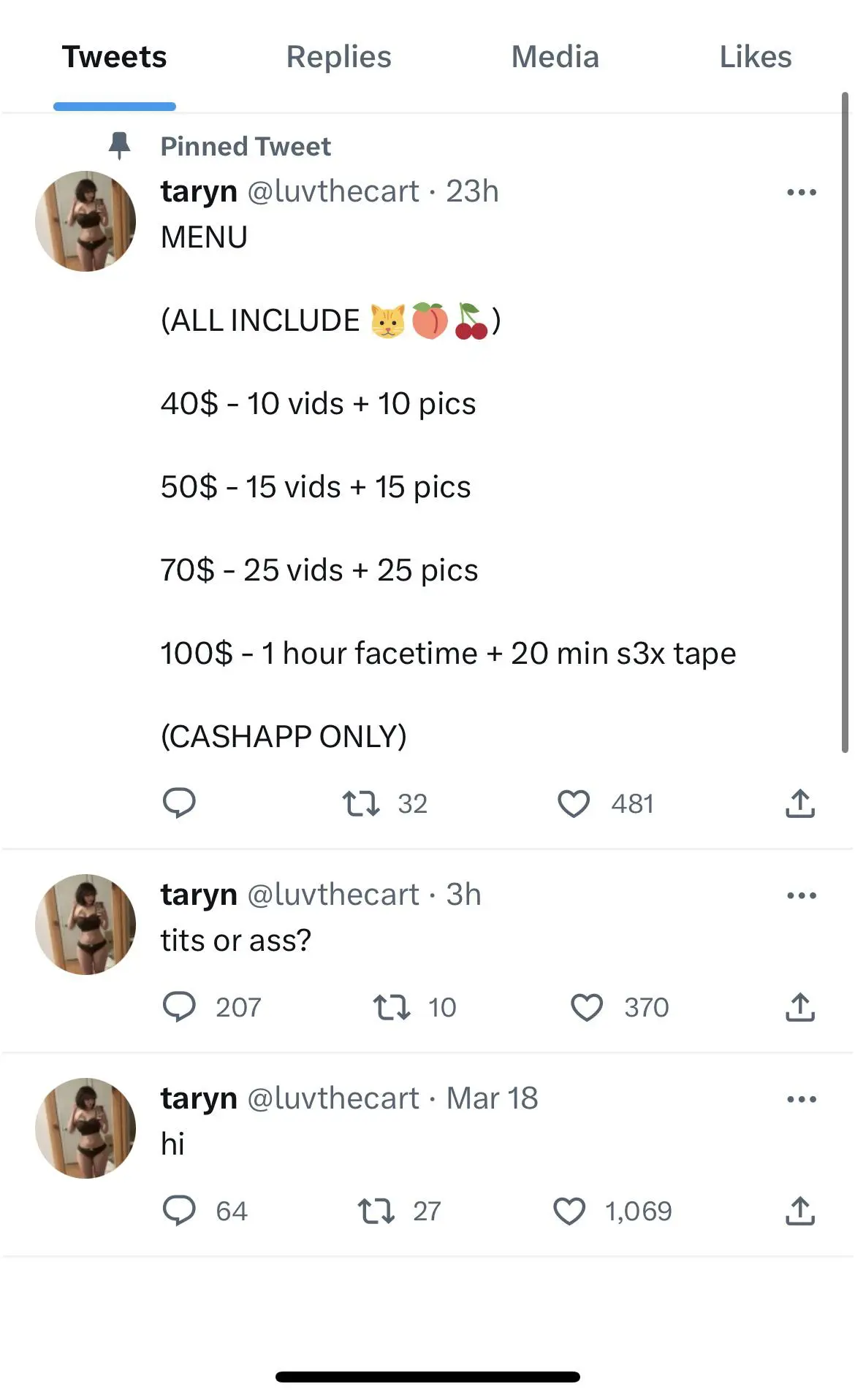 Luvthecart/taryn selling 25 pics of her nudes 10$ only