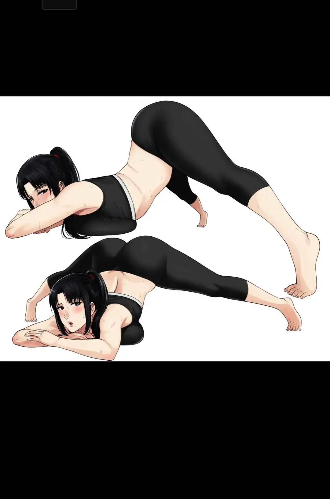 Anime art of a curvy Asian milf in a black sports bra and leggings posing face down ass up