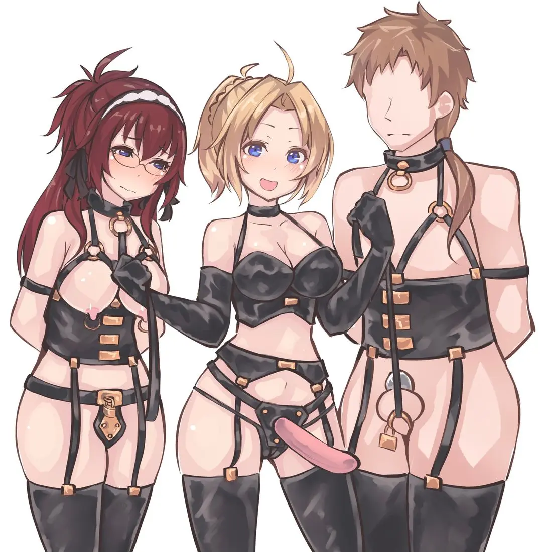 Anime femdom scene with a mistress, a trans woman, and a femboy in black leather bondage gear and harnesses