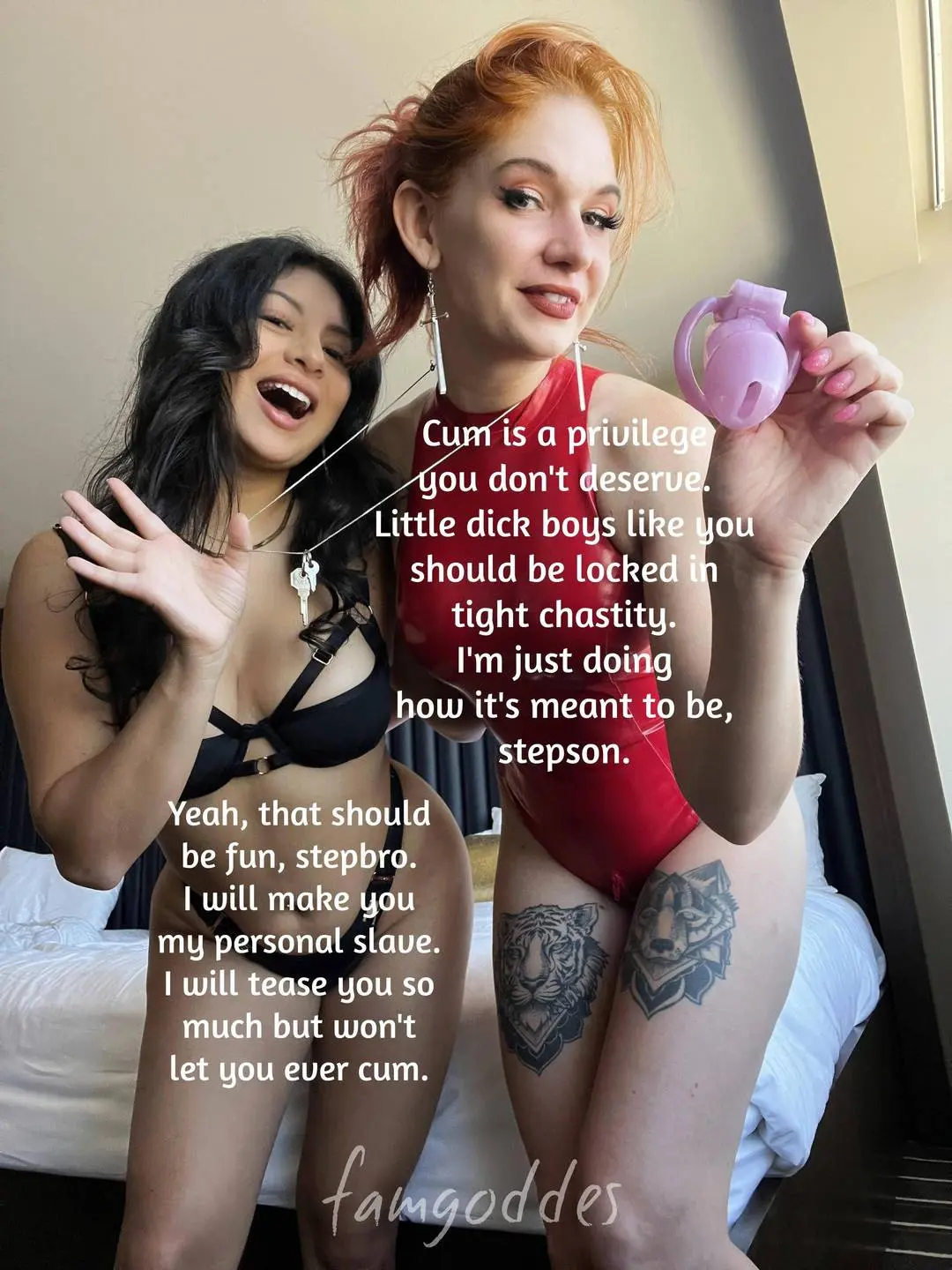 Latina woman in black lingerie and redhead woman in red bodysuit holding a pink chastity device