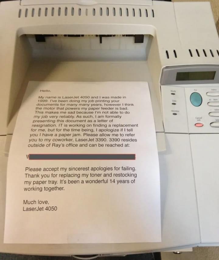 Resignation Letter from a 99’ Printer. | Scrolller