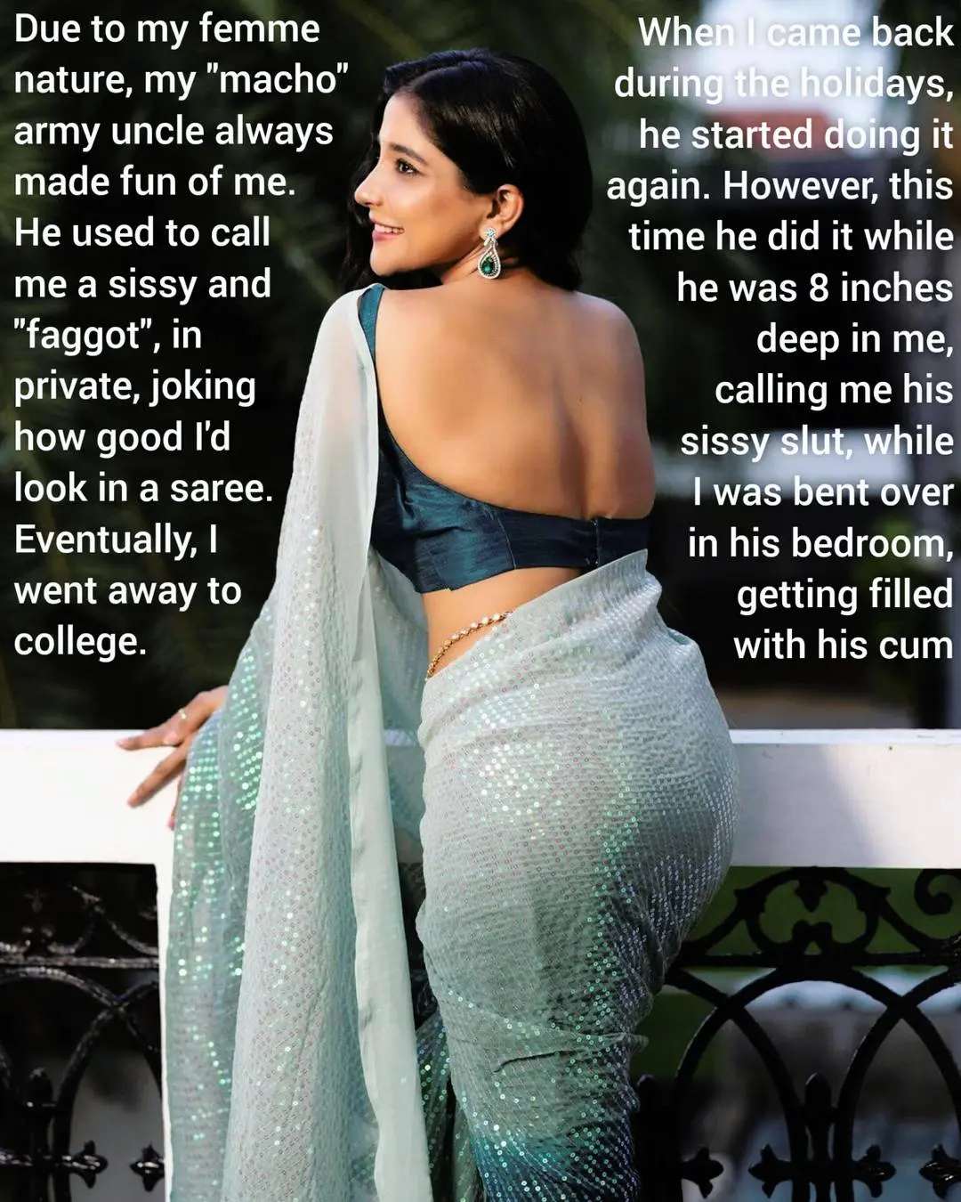 Curvy Indian woman in a light blue sequined saree and waist chain, posing for a desi sissy caption story