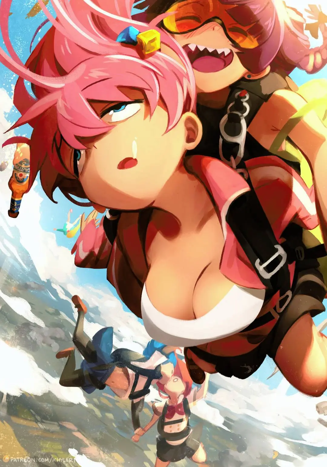 Bocchi the Rock girls skydiving in anime art, wearing harnesses and casual summer clothing against a bright sky