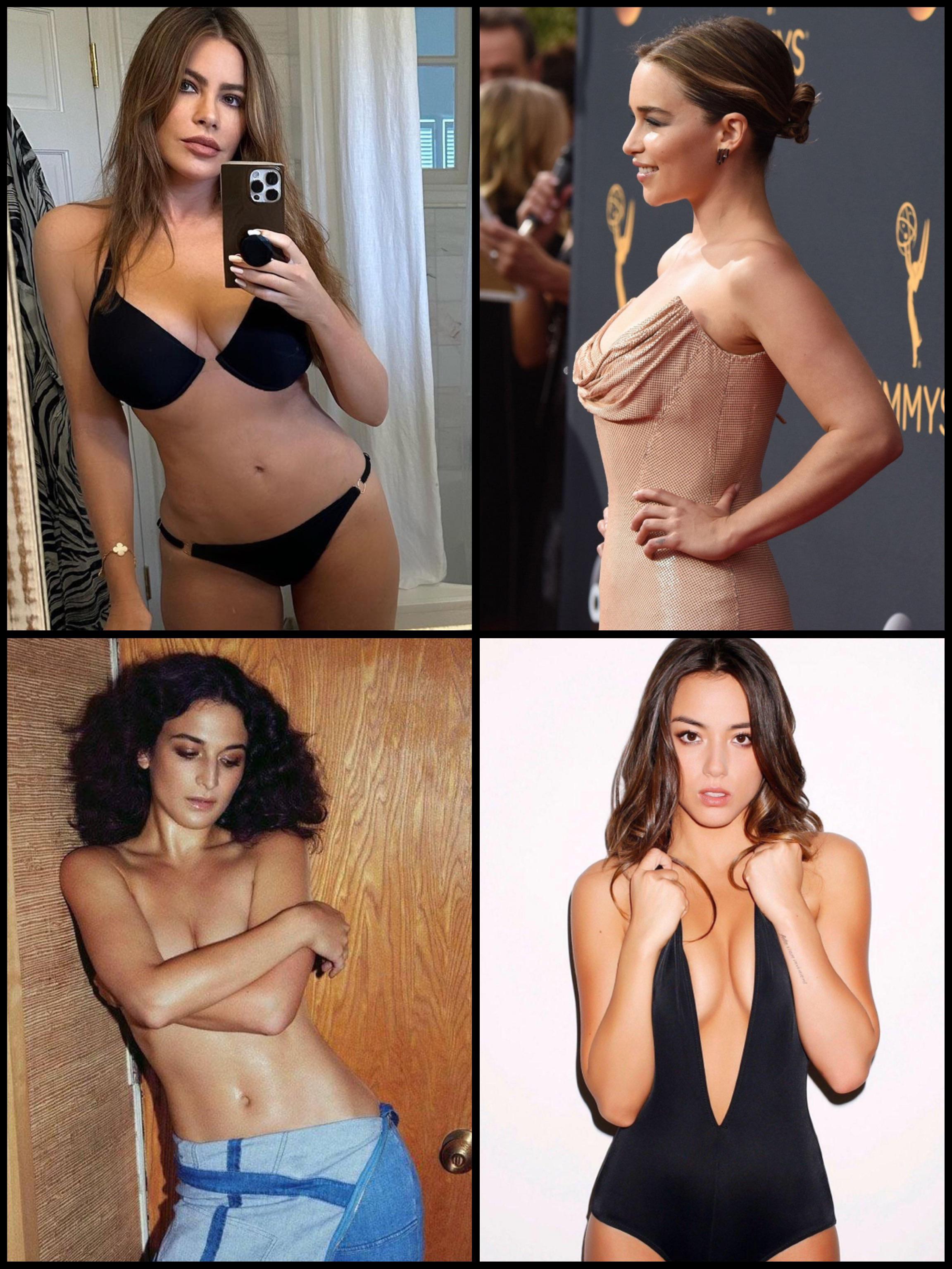 Sofia Vergara, Emilia Clarke, Jenny Slate, Chloe Bennett 1) Rough doggy  & pronebone w/anal fingering. Cum on her back 2) Jackhammer her in  cowgirl while spanking her red. Cum on tits 3)