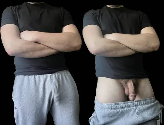 Athletic white man in a black t-shirt and grey sweatpants showing a bulge and his uncut cock and balls
