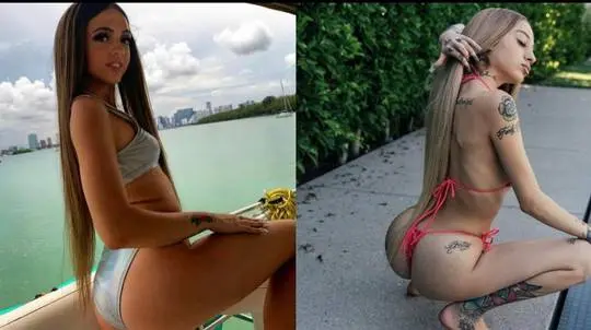 Vicky in a silver bikini on a boat and Danielle in a pink bikini with tattoos on a paved path