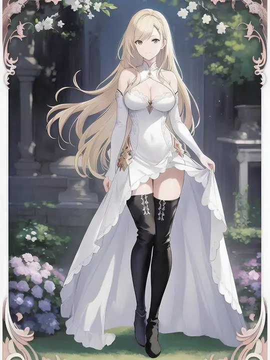 Anime girl in a white high-low dress and black thigh-high boots standing in a flower garden