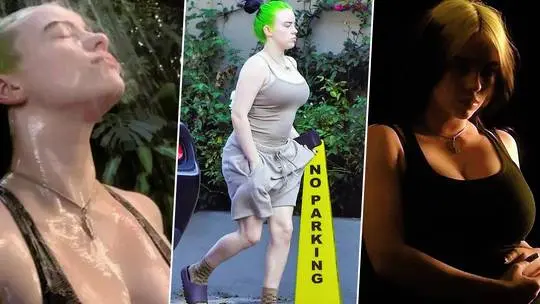 Billie Eilish with neon green and blonde hair wearing a revealing tank top showing cleavage