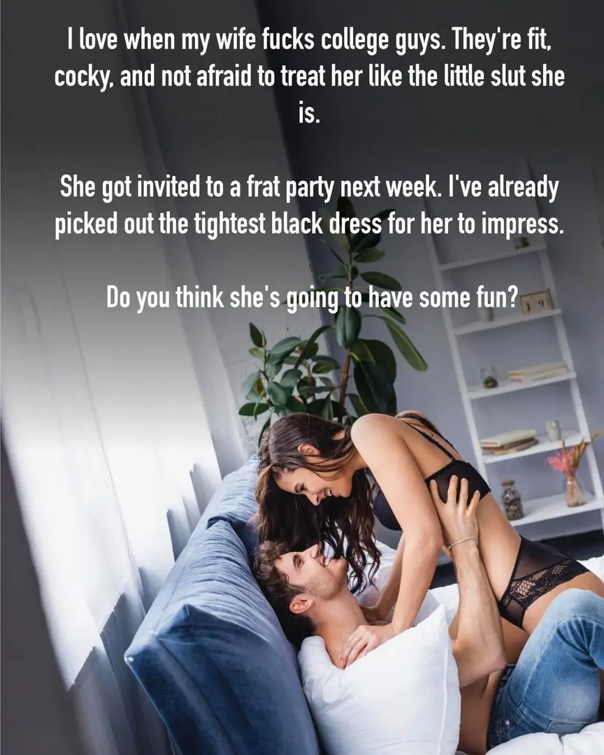 Hotwife in black lingerie and a man posing on a bed with a hotwife caption about college guys