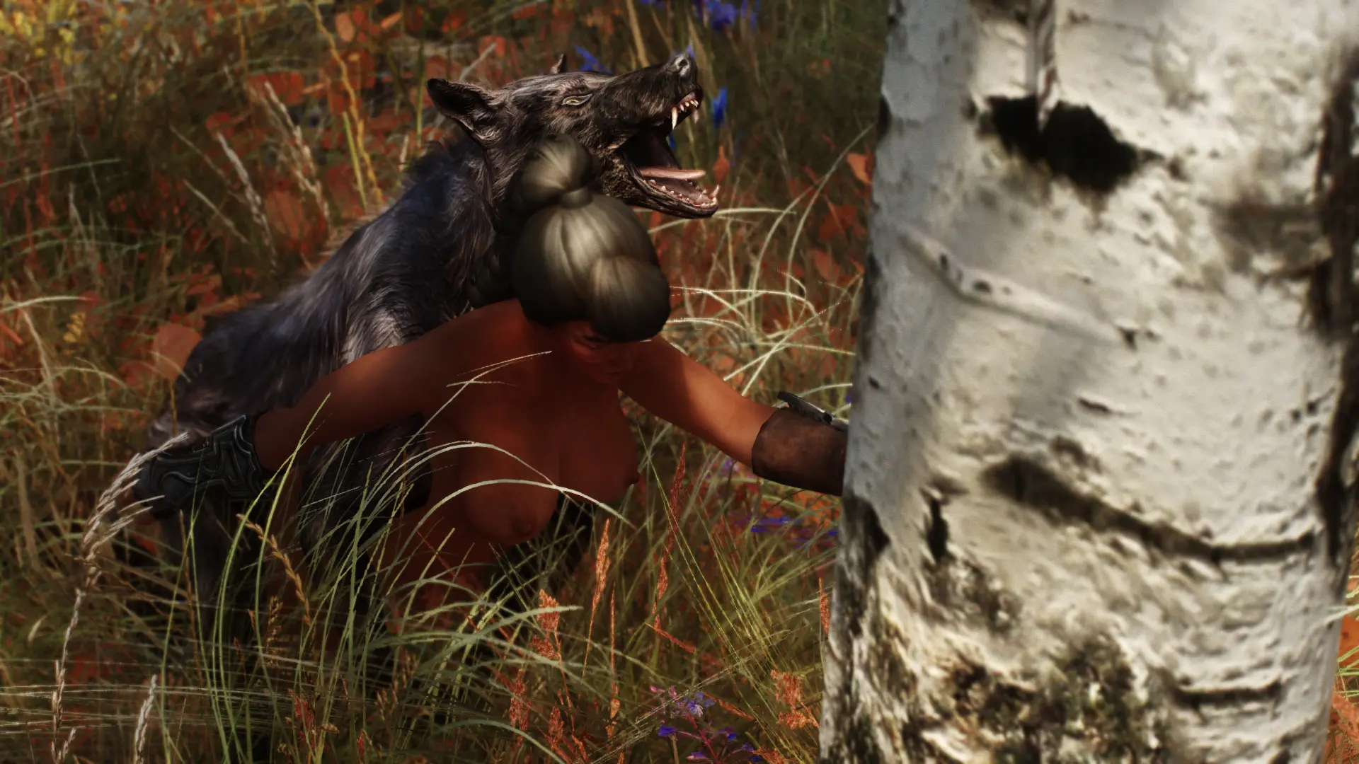 Busty brunette in fantasy armor being attacked by a feral wolf in a forest, monster on human, 3d