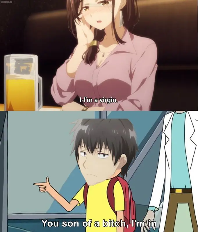 HigeWoSoru anime meme with a brown haired woman in a pink shirt and a black haired man with a beer.