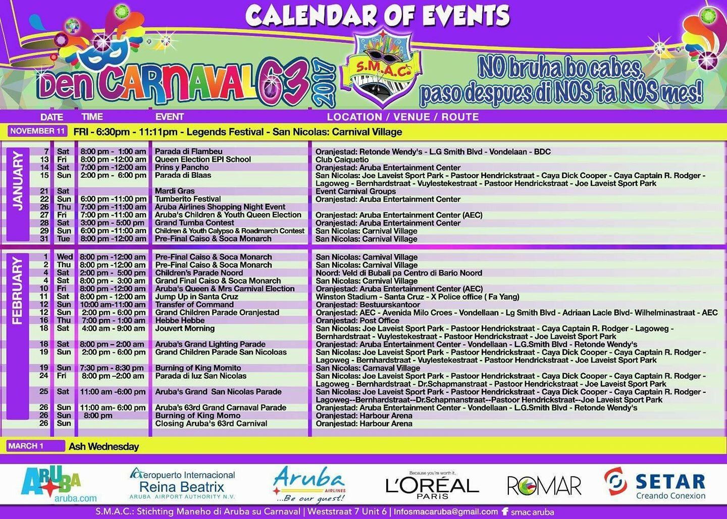 Aruba's 63rd Carnival Event Calendar Scrolller