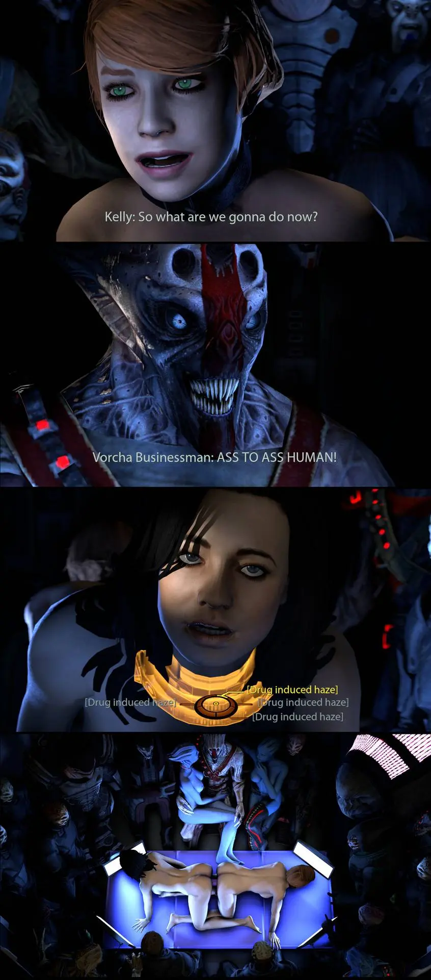 Miranda Lawson from Mass Effect in 3D digital art, featuring a busty woman in a latex catsuit and lingerie