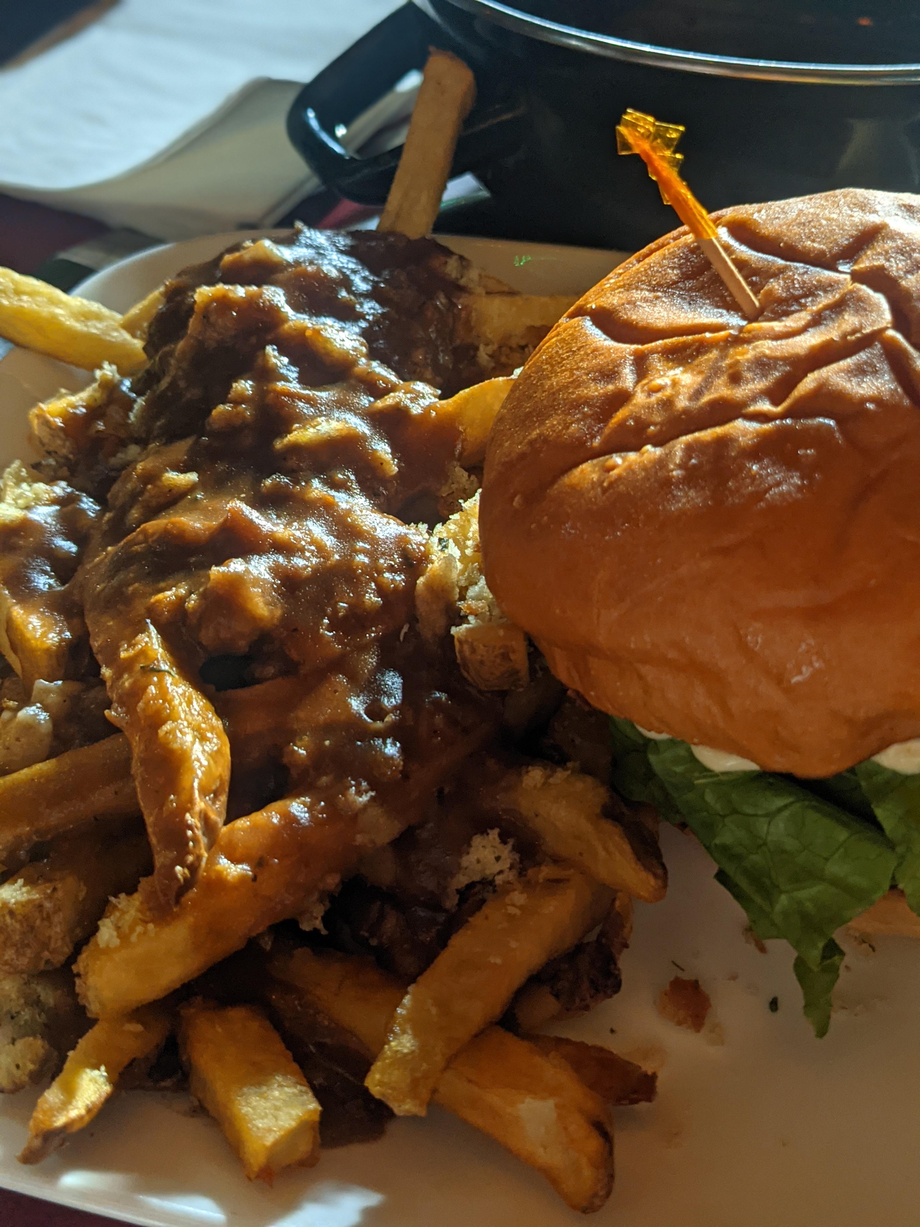 Atlantic Battered Cod Burger with Fries, Dressing and Gravy. It tasted