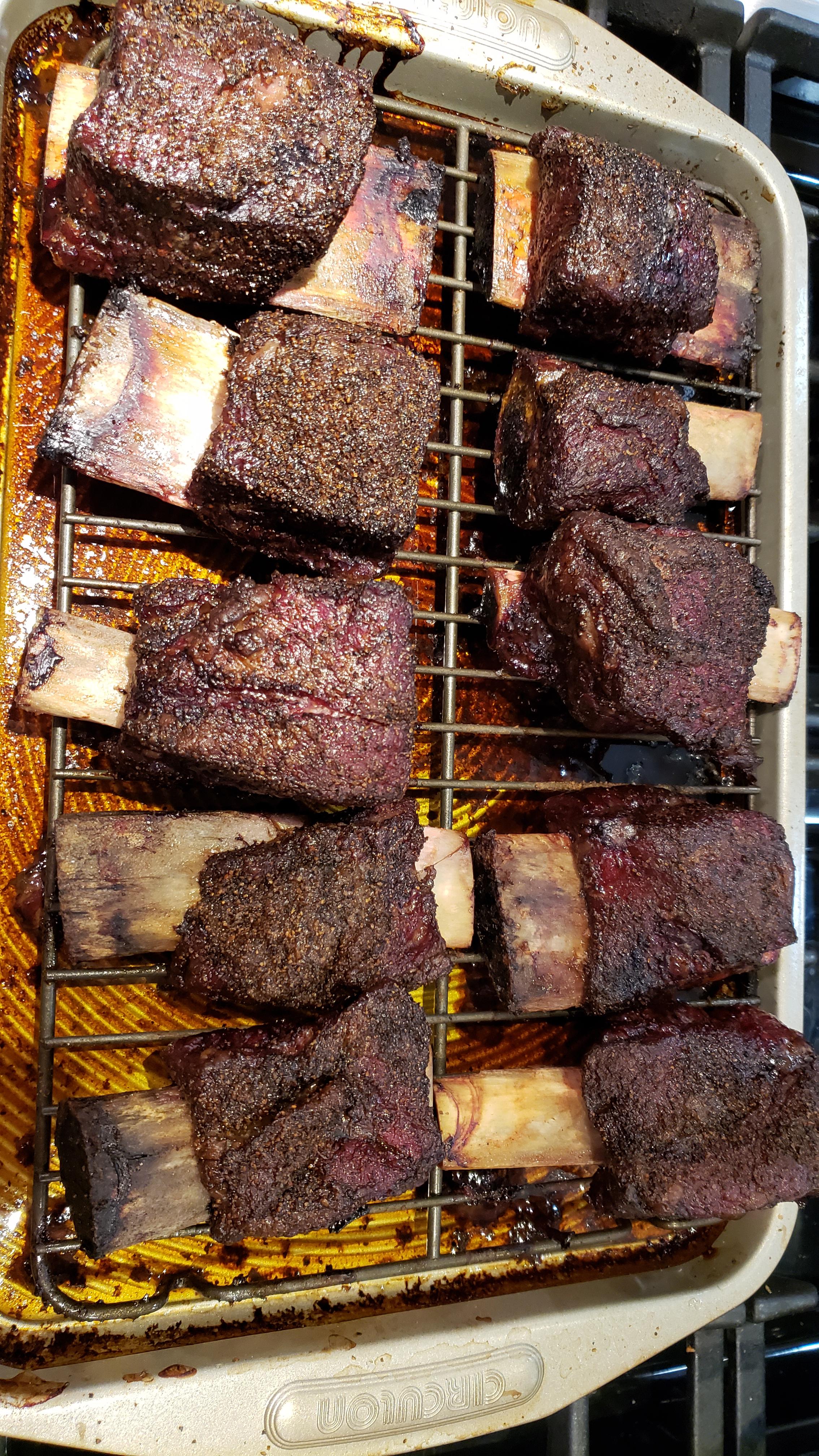 Beef short ribs, surprisingly just 5 hrs at 250 on the Traeger. Came