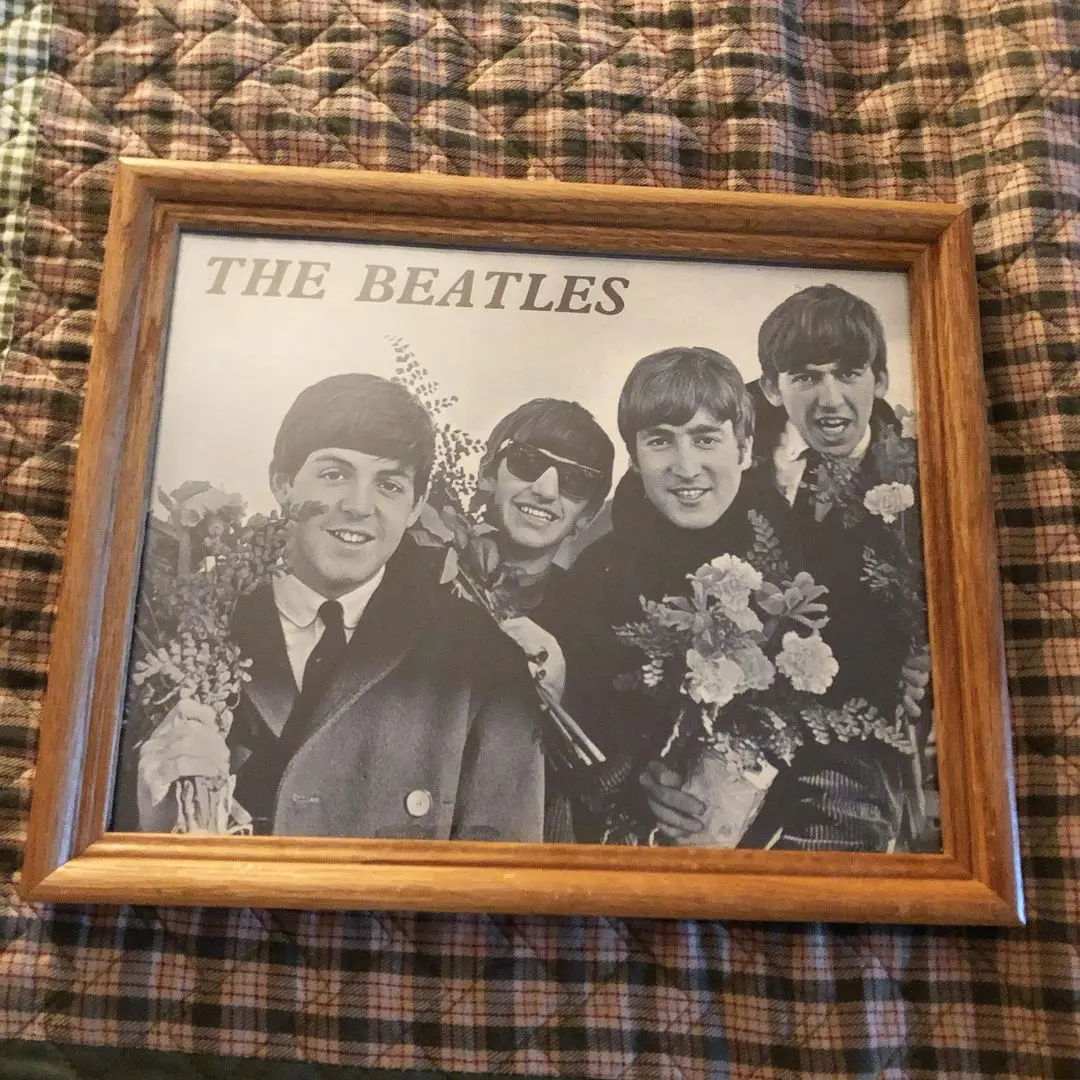 The Beatles in a black and white vintage photo holding flowers, framed on plaid fabric