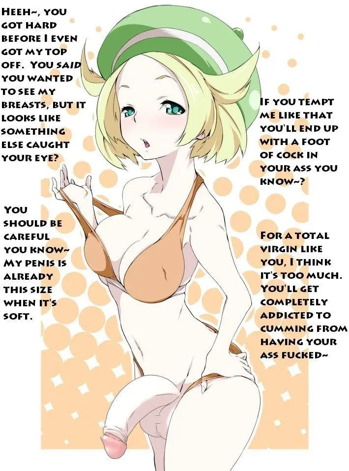 Futanari and femdom anime panels with busty women, a male slut, and explicit captions