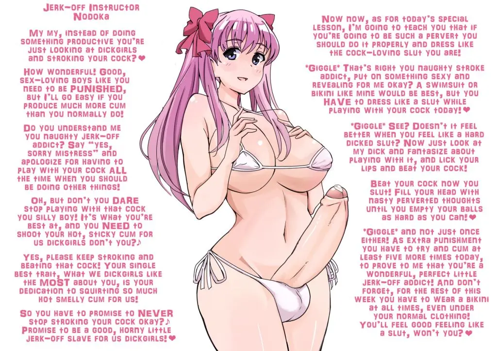 Futanari and femdom anime panels with busty women, a male slut, and explicit captions