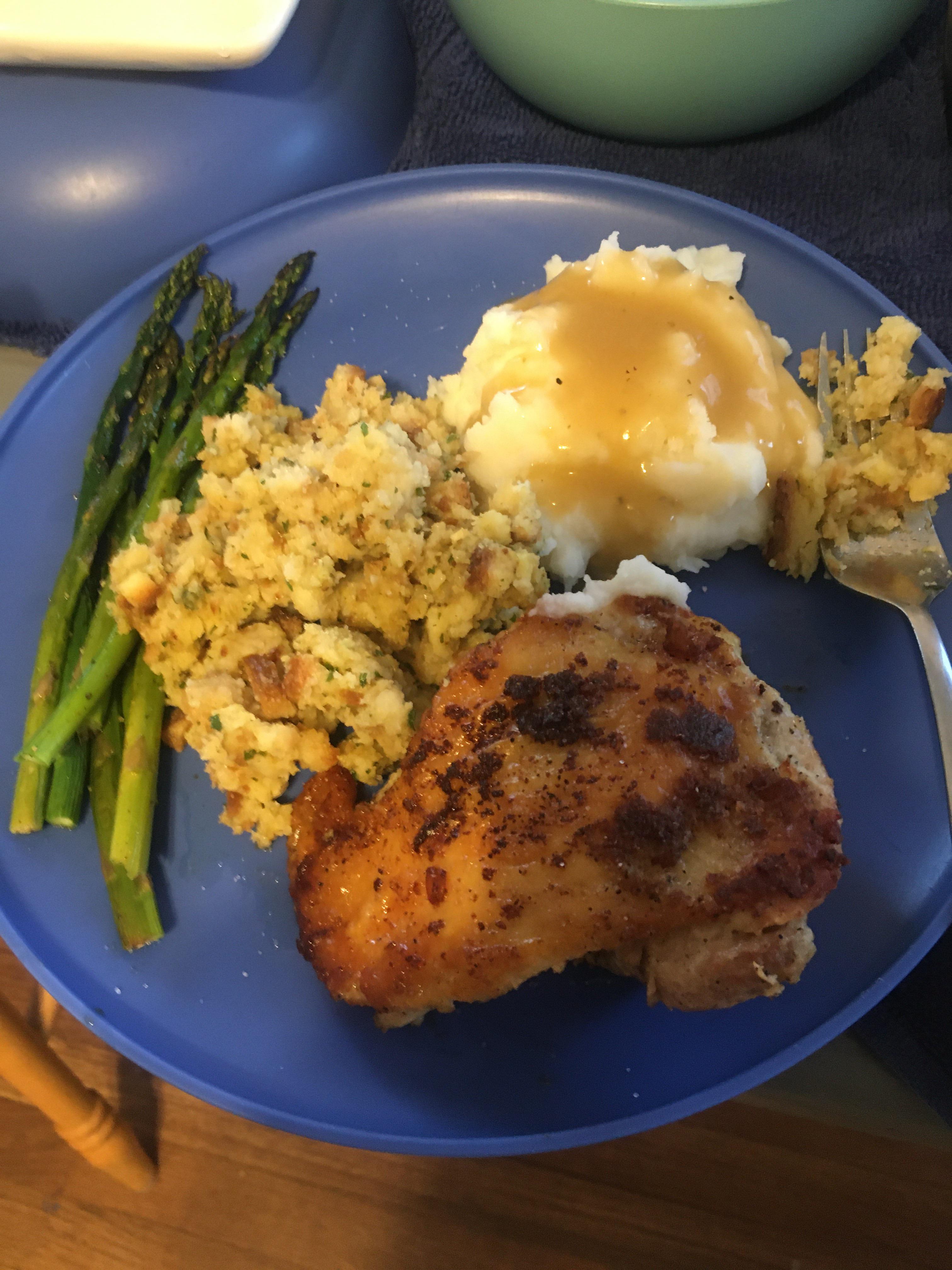 Cast Iron Chicken W Crispy Skin Mashed Potatoes Stuffing And Asparagus Scrolller