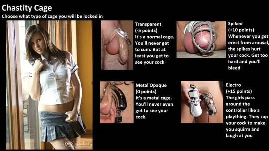 Femdom chastity school CYOA with blonde and brunette women in school uniforms and lingerie
