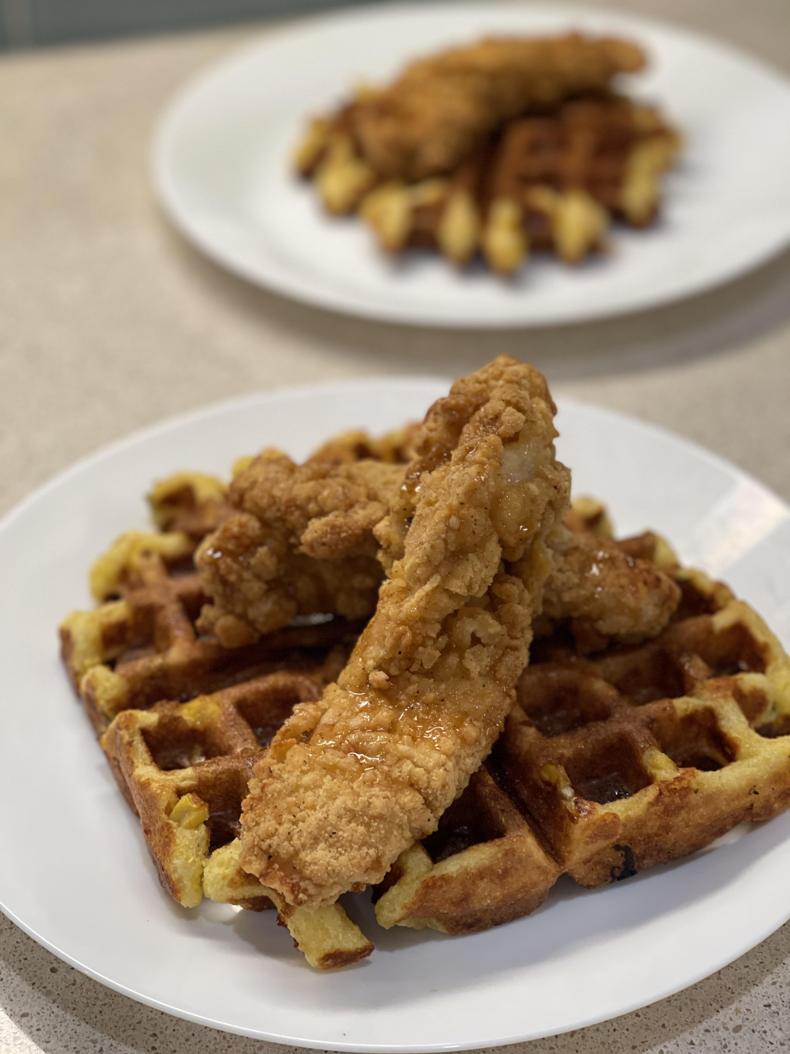 Chicken & Cornbread Jalapeño Waffles. Maple Sriracha Syrup Scrolller