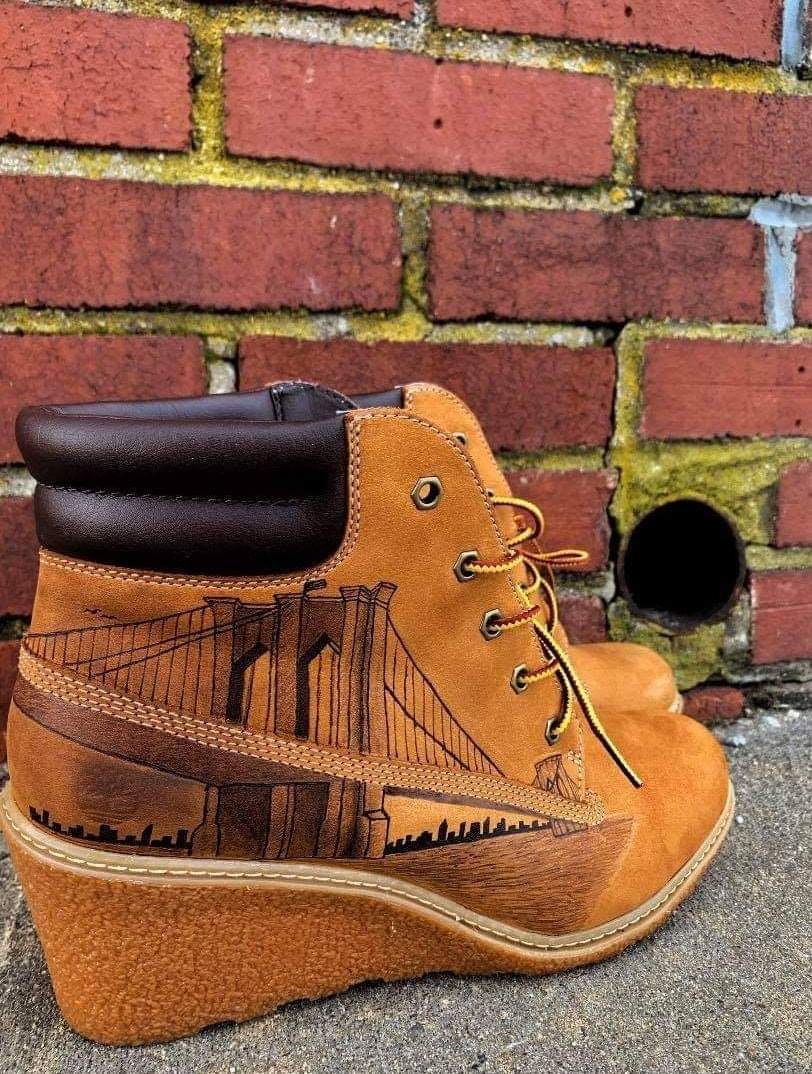 Custom made Timbs with the Brooklyn Bridge burnt into them. | Scrolller