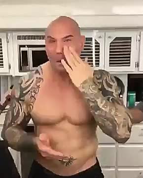 Dave Bautista getting his Drax makeup on