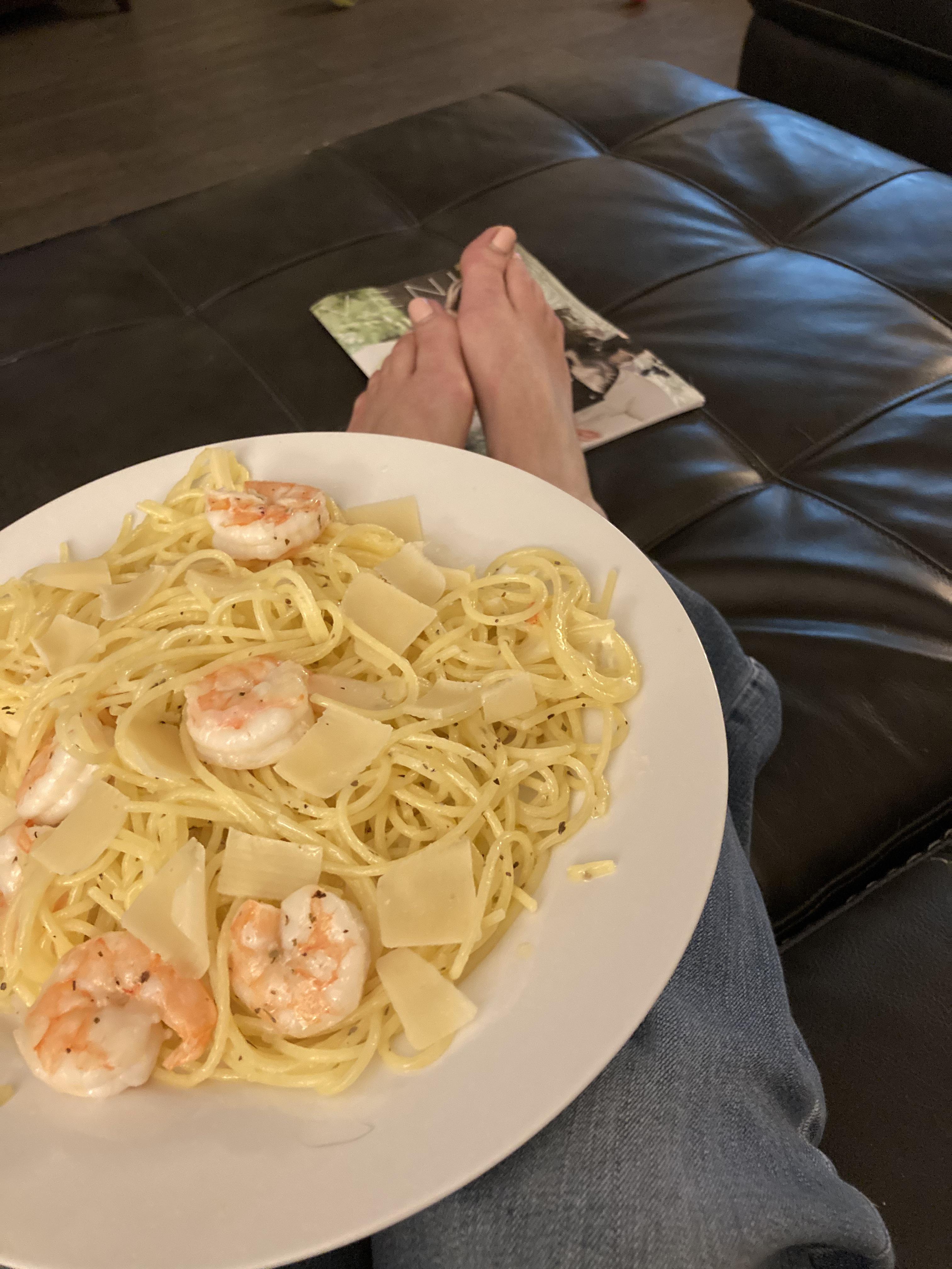 Dinner is served, darling...The pasta is mine, the pretty feet are ...