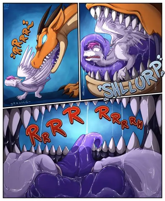 Furry oral vore comic of a large orange dragon swallowing a smaller purple dragon, showing a stomach bulge.