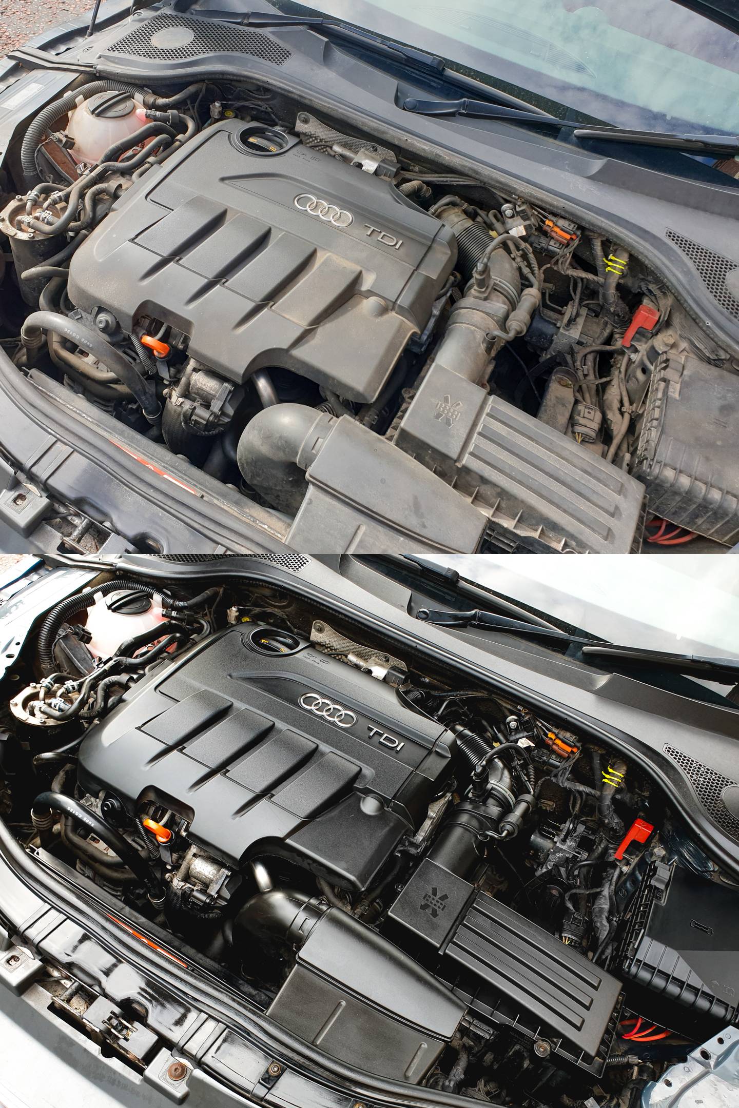Engine bay before and after a thorough clean Scrolller