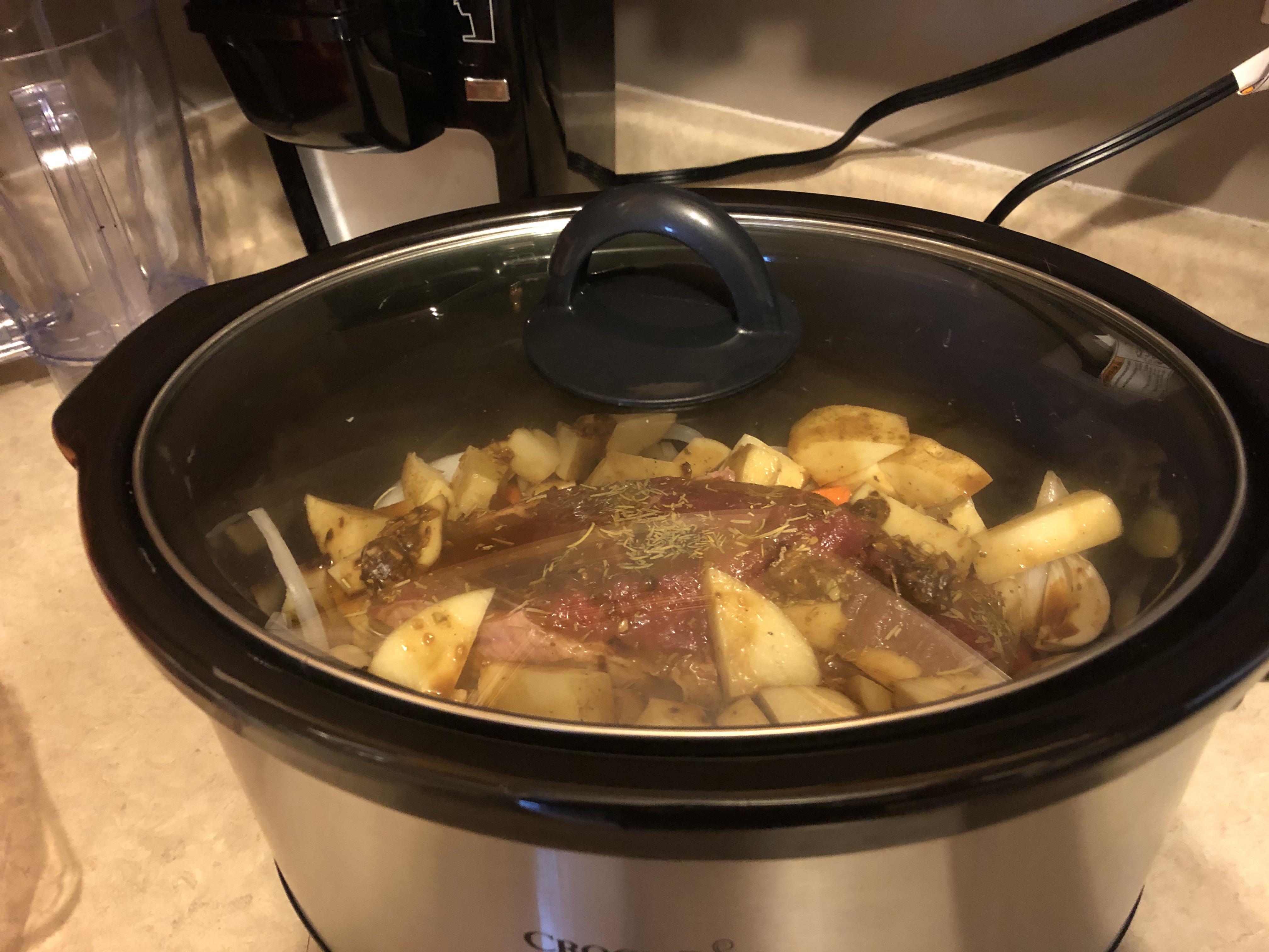 First ever slow cooker roast is a go! .47kg outside round, homegrown