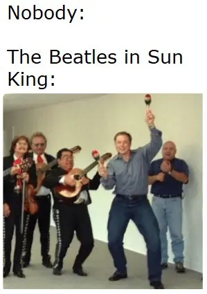 The Beatles meme featuring five men in charro outfits and casual clothes with maracas