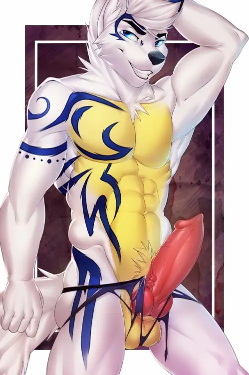 Muscular gay furry anthros with huge cocks and big dicks in various poses.