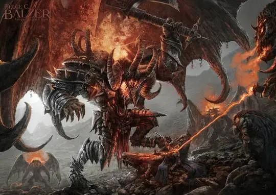 Helge C. Balzer's concept art of Gothmog and Fingon in a dark rocky wasteland with fire and demonic creatures