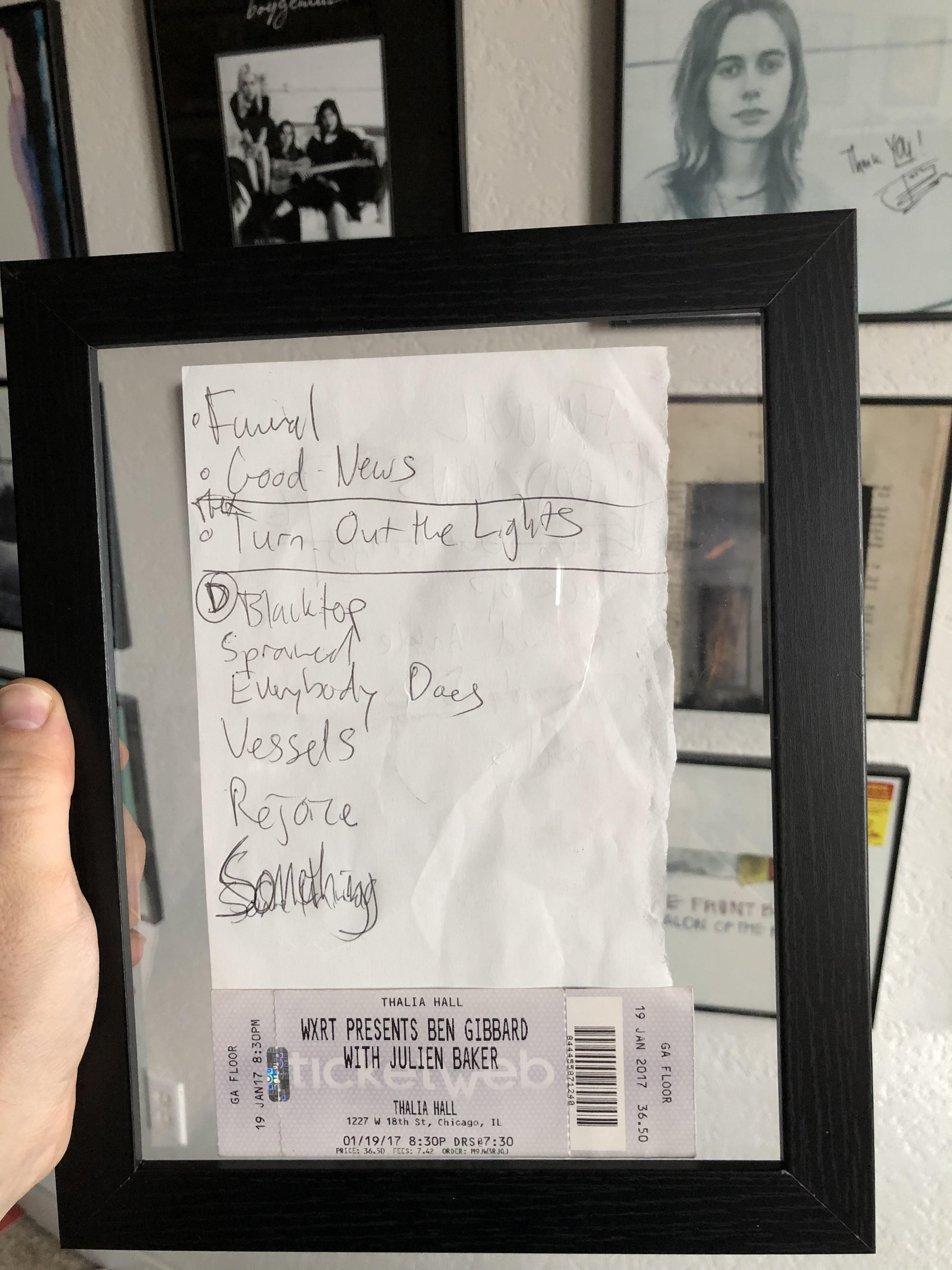 Hand-written setlist from Julien’s first set opening for Ben Gibbard’s ...
