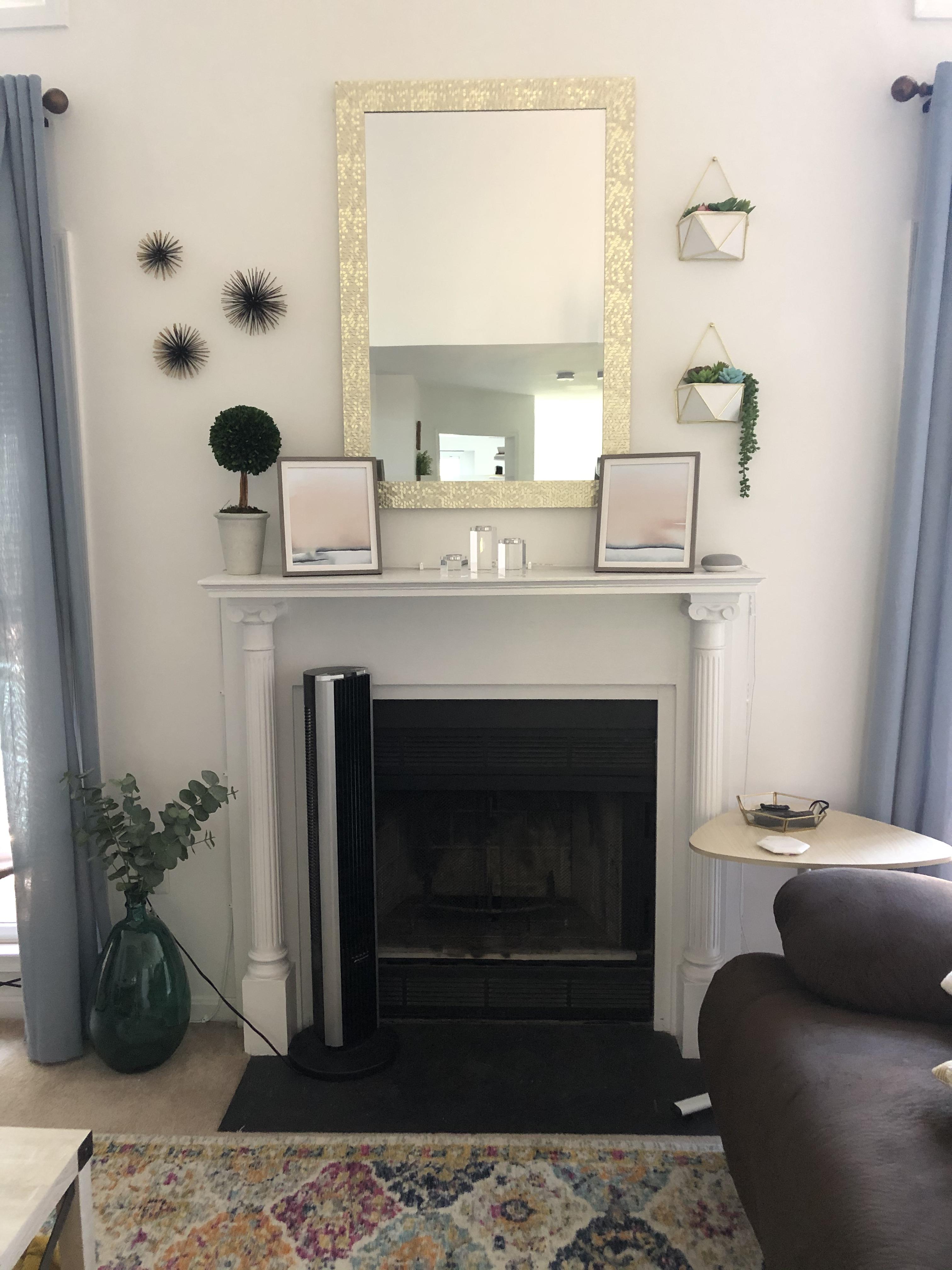 Help with this wall/mantle/decor? (renting no paint) Scrolller