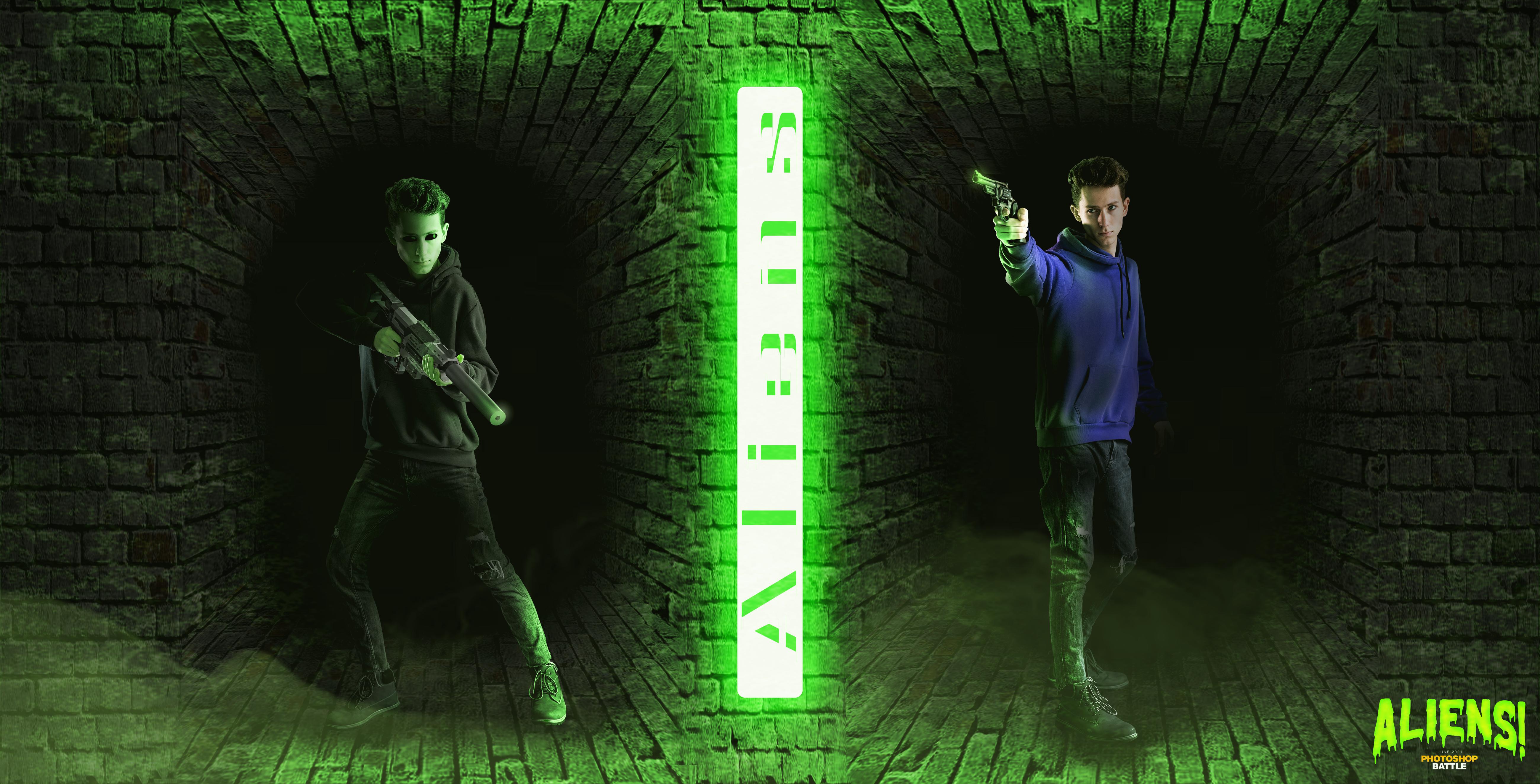 Here's my entry for the aliens theme. (I'm not the best at photoshop ...