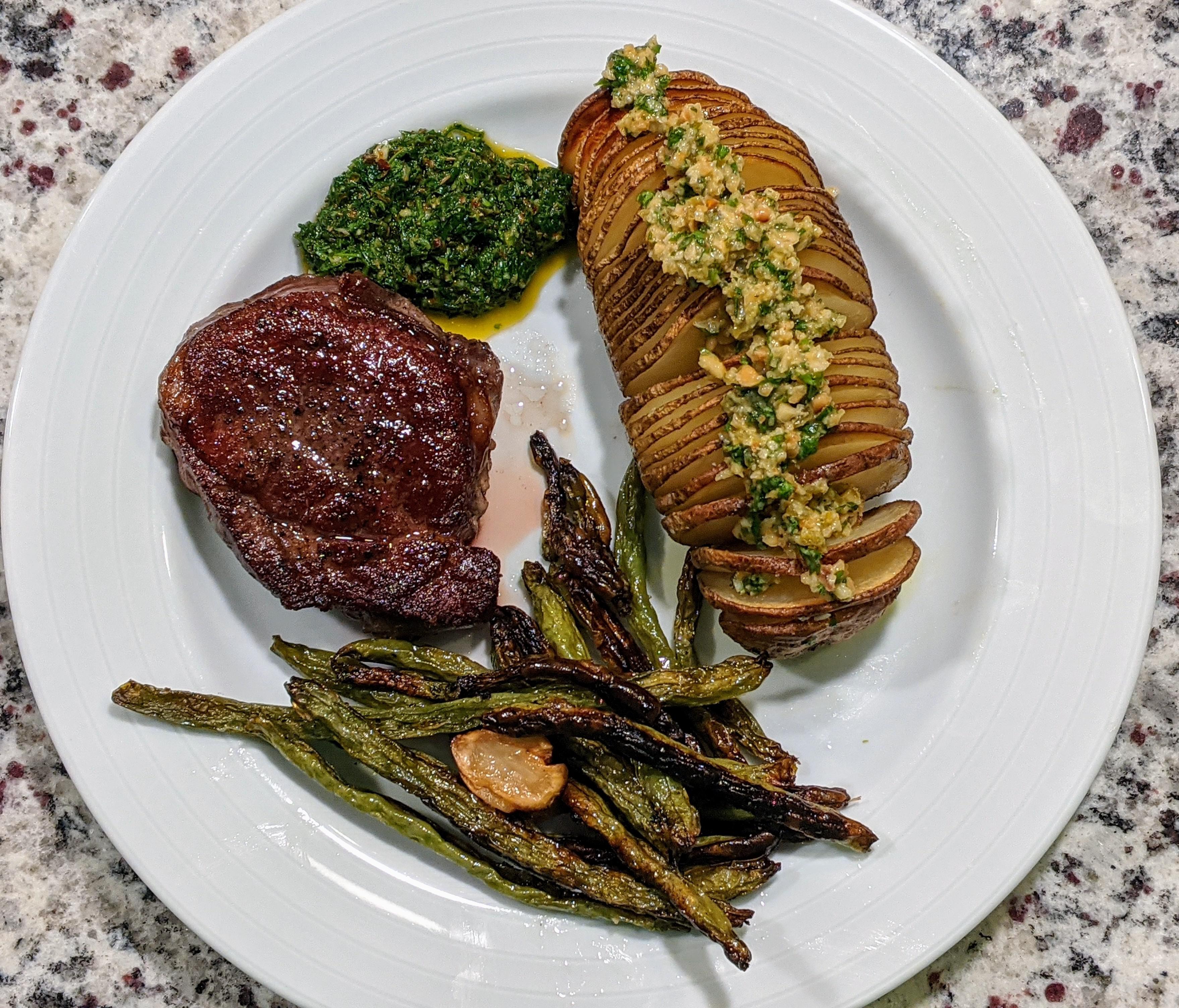 [Homemade] Filet Mignon w/ Chimichurri, Hasselback Potato, and Roasted ...