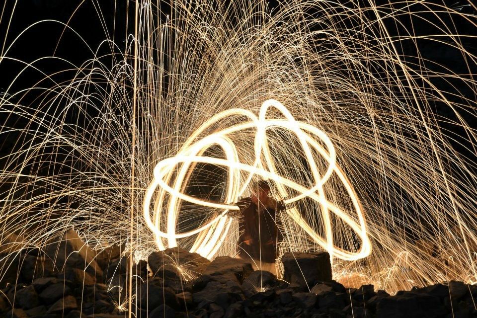 Homemade fire dancing (steel wool + battery + whisk + rope + slow