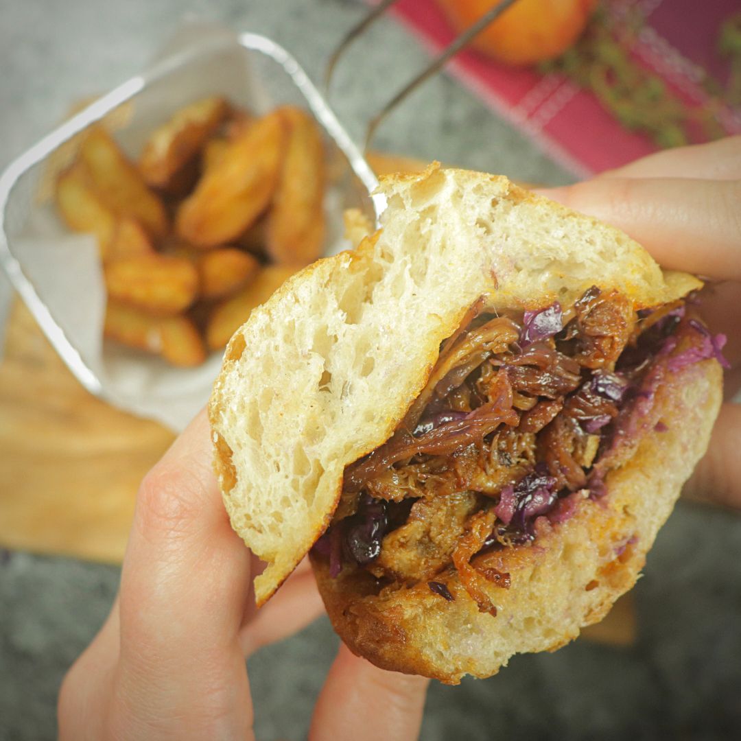 [Homemade] Slow cooked pulled pork belly in ciabatta with cabbageapple