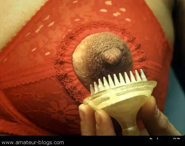 Busty brunette woman in open tip nursing bras showcasing big nipples and prominent areolas