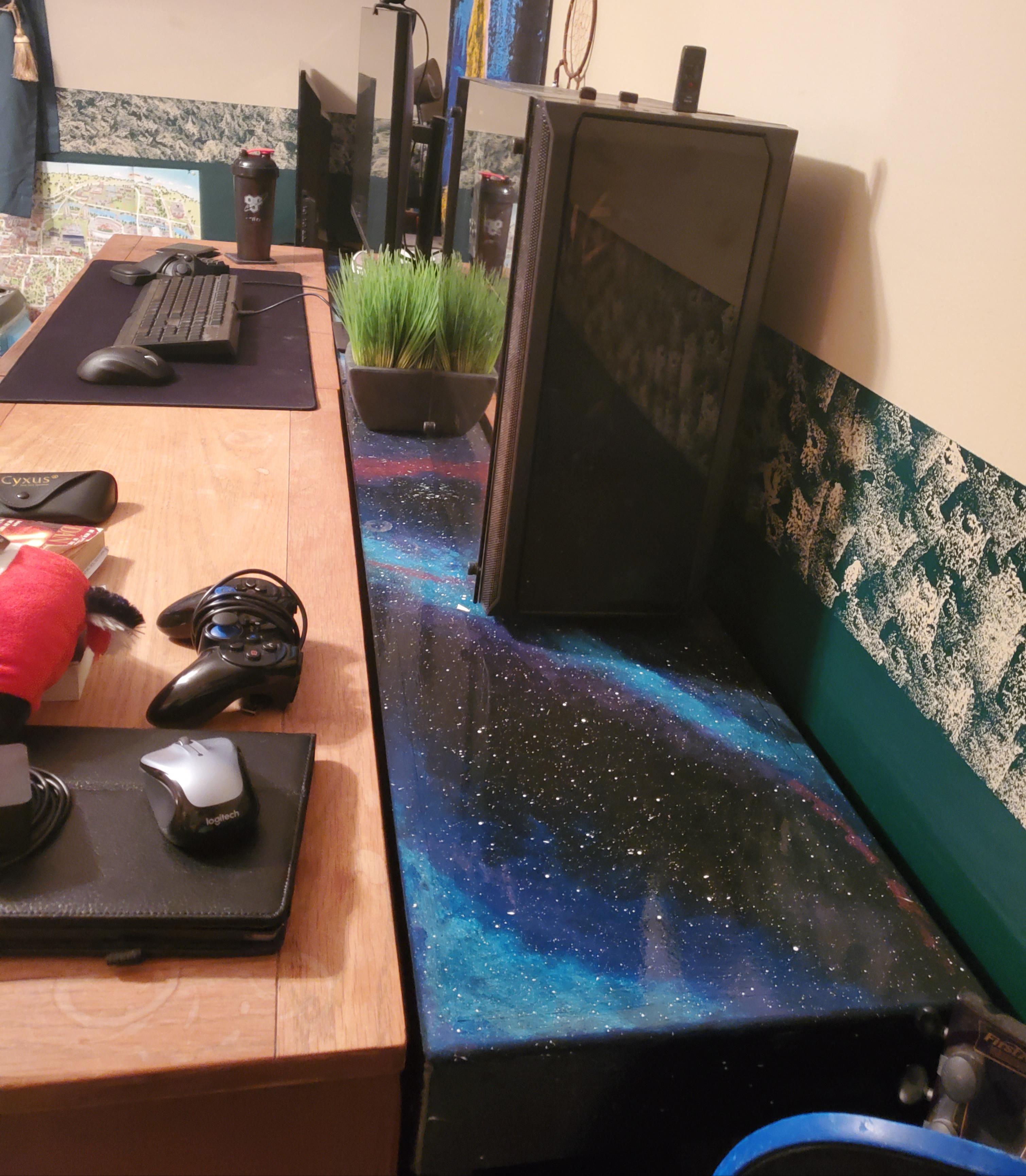 I built and painted a galaxy table to extend the length of my desk ...