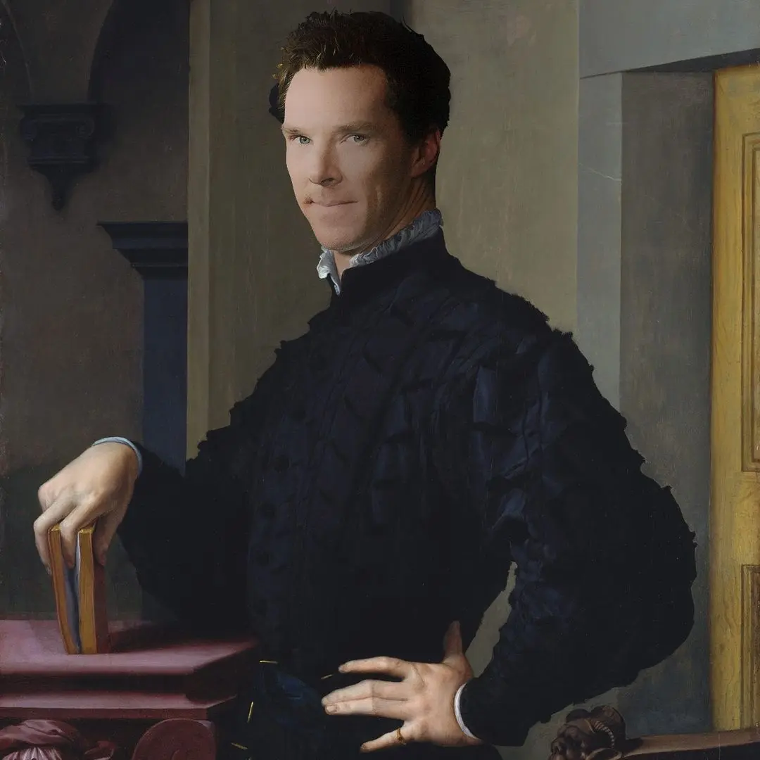 Sherlock photoshopped into a fine art oil painting wearing a dark textured doublet and holding a book