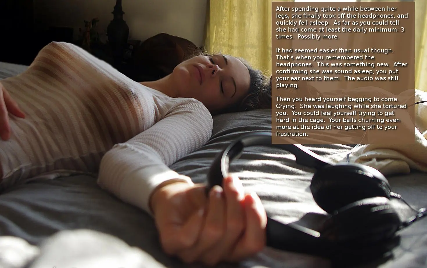 Femdom foot fetish and male chastity captions featuring brunette and redhead women in various outfits