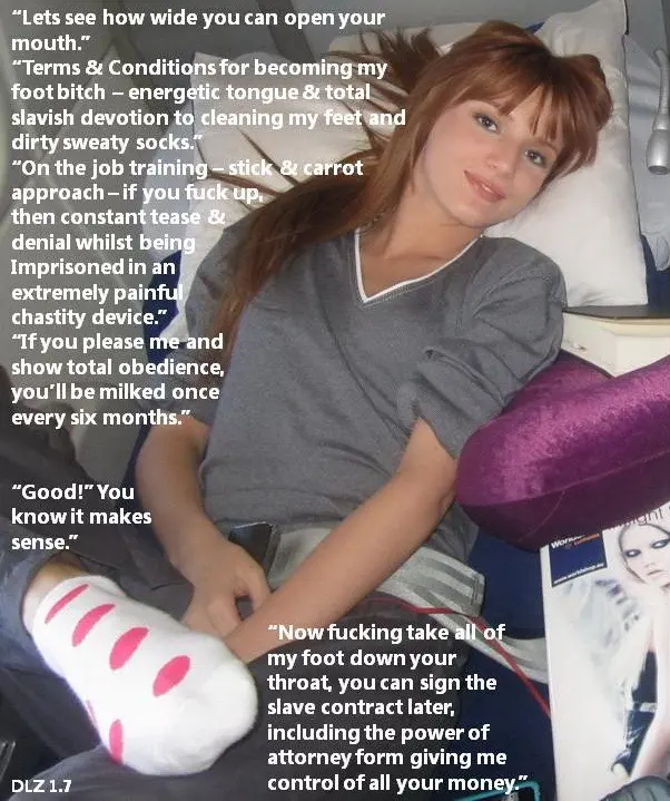 Femdom foot fetish and male chastity captions featuring brunette and redhead women in various outfits