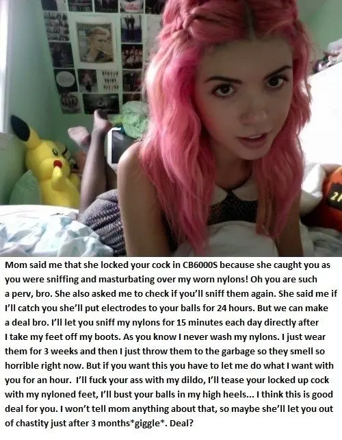 Femdom foot fetish and male chastity captions featuring brunette and redhead women in various outfits