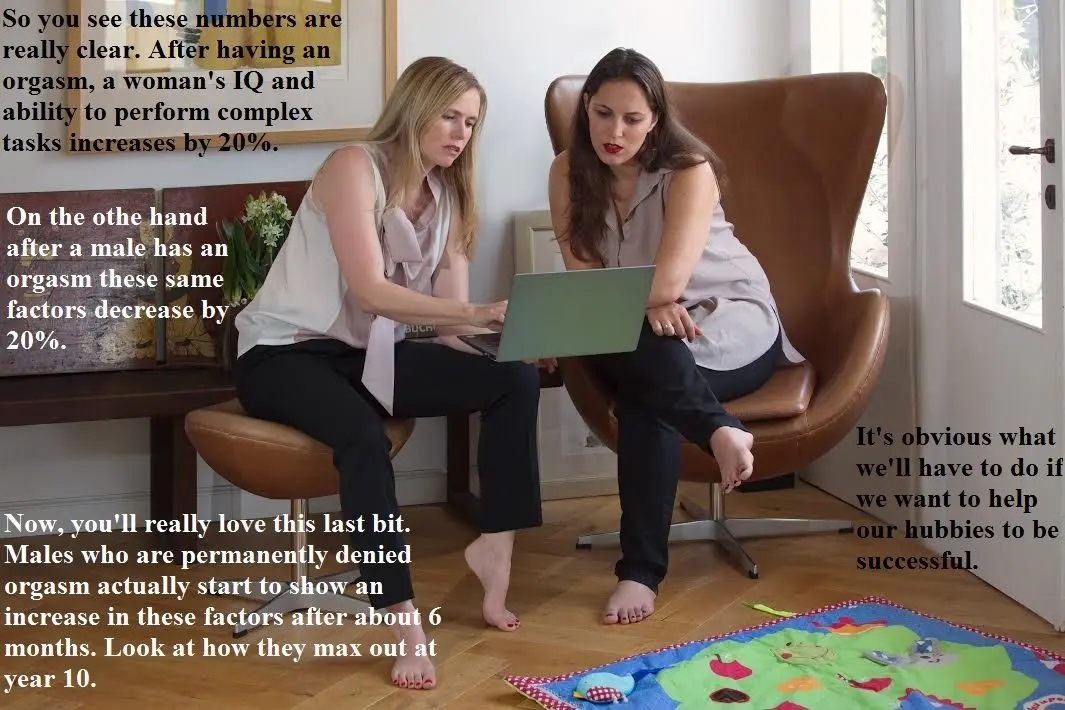Femdom foot fetish and male chastity captions featuring brunette and redhead women in various outfits