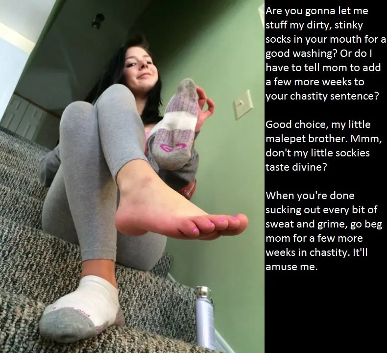 Femdom foot fetish and male chastity captions featuring brunette and redhead women in various outfits