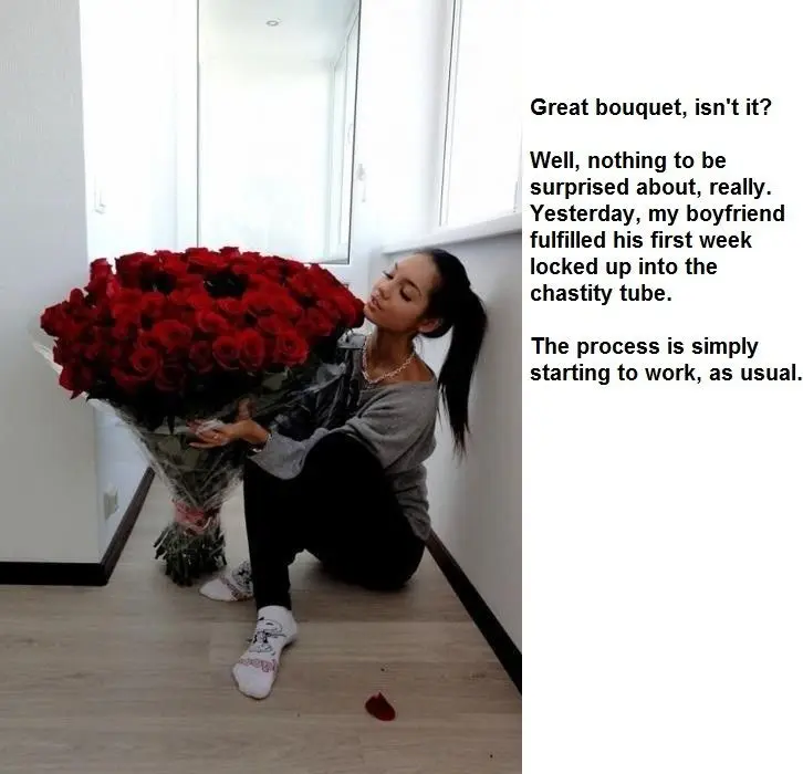 Femdom foot fetish and male chastity captions featuring brunette and redhead women in various outfits